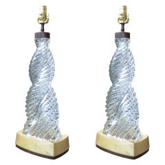 Pair Of Mid C Swirled Glass Lamps On Custom Gilt Bases