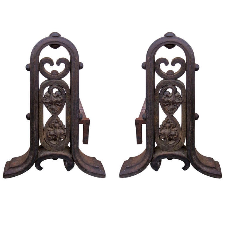 Pair of 20th Century Wrought Iron Andirons in the Style of Liberty For Sale
