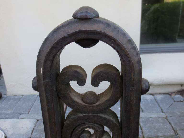 Pair of 20th Century Wrought Iron Andirons in the Style of Liberty In Good Condition For Sale In Atlanta, GA
