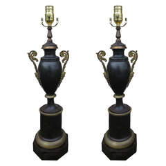 PAIR OF 19thC FRENCH TOLE URN LAMPS