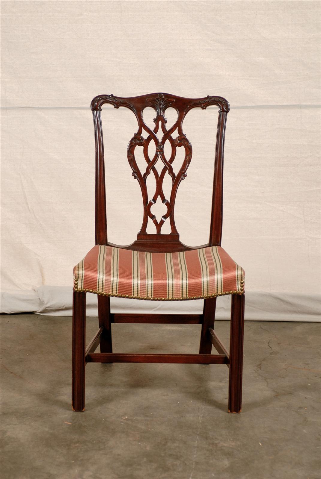 English Georgian set of six dining chairs, circa 1820, incredible carving and beautiful patina.