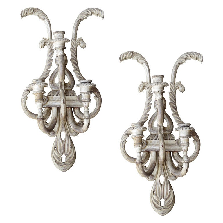 Early 20thc Continental Pair Of Wooden, 3-Arm Sconces at 1stdibs
