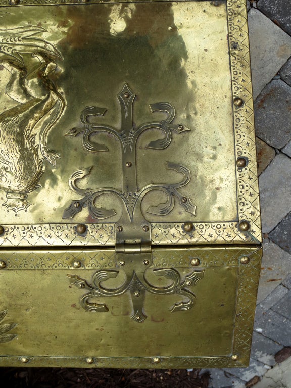 English Brass Trunk with Crests, Lion Pulls, and Wooden Interior, circa 1900 6