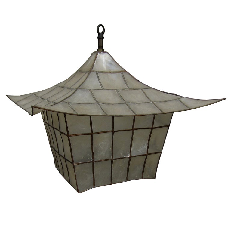 20th Century Pagoda Style Capis Shell and Brass Lantern
