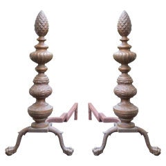Used Pair Of 19thc  Bronze Andirons With Acorn Finials