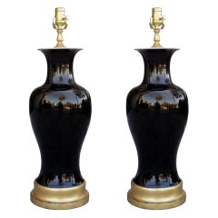 Pair of 19th Century Chinese Mirrored Black Lamps on Custom Gilt Bases