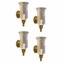 Set Of Four 20thc  Brass One-arm Sconces With Hurricane Globes