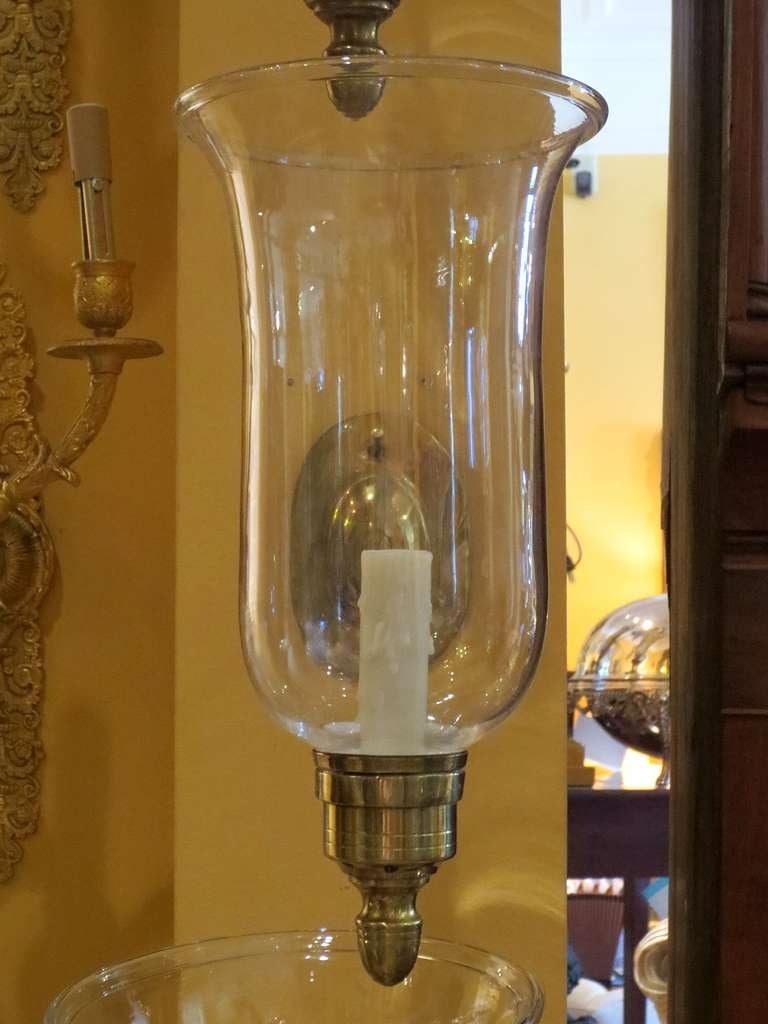 Set Of Four 20thc  Brass One-arm Sconces With Hurricane Globes