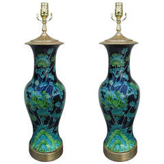 Pair of Mid Century Chinoiserie Porcelain Lamps on Custom Giltwood Bases