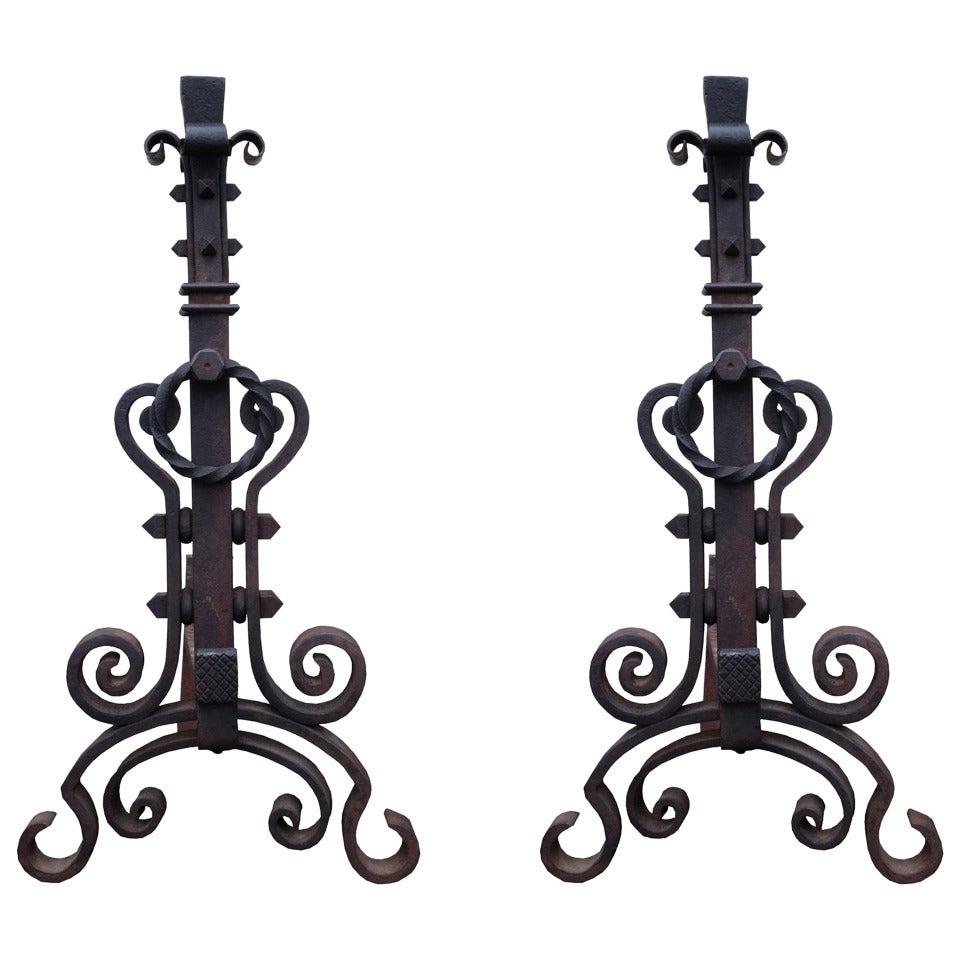 Pair of Renaissance Revival Wrought Iron Andirons