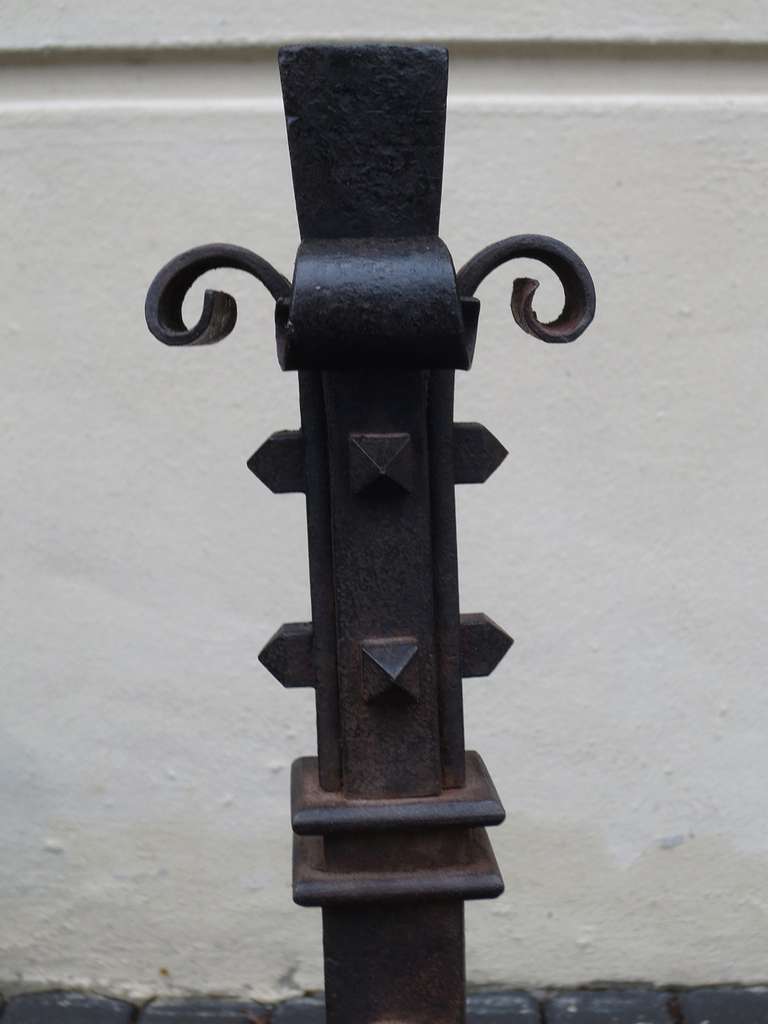 19th Century Pair of Renaissance Revival Wrought Iron Andirons