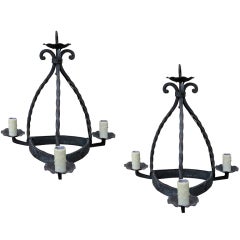 Pair of Early 20th Century Hand Forged Three-light Chandeliers Pair of Early 20th Century Hand Forged Three-light Chandeliers