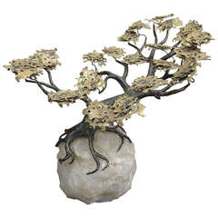 Mid Century Cypress Tree Sculpture on Original Rock Quartz, Signed by C.Jere