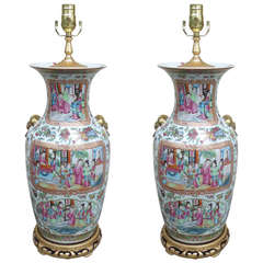 Pair of Circa 1880-1920 Rose Medallion Lamps on Gilt Bases