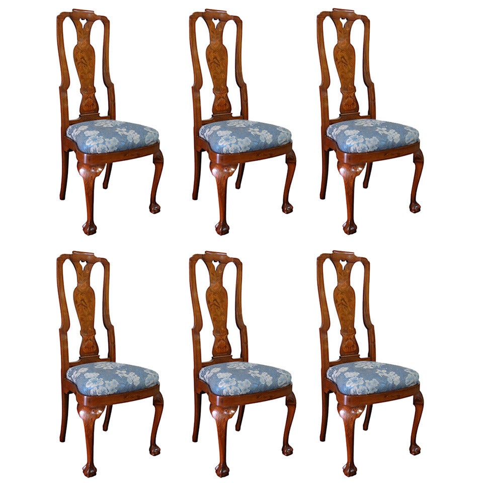 Late 19th-Early 20th Century Set of Six Continental Fruitwood Inlaid Side Chairs