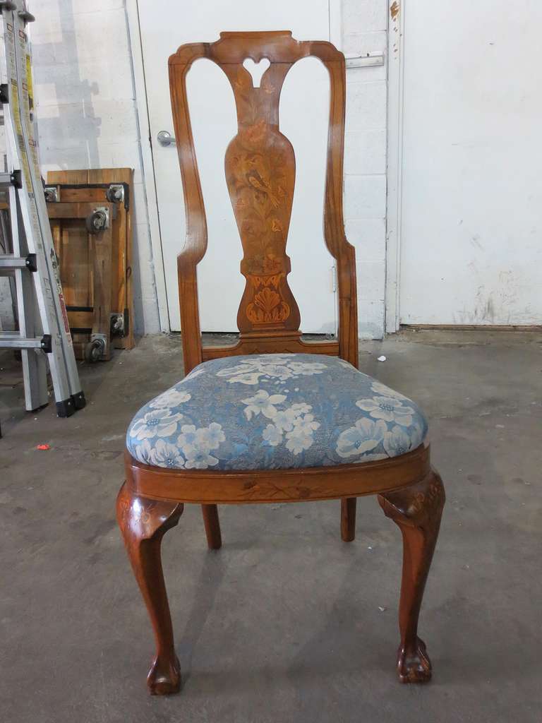 Late 19th-early 20th century set of six continental fruitwood inlaid side chairs, seat height-21"