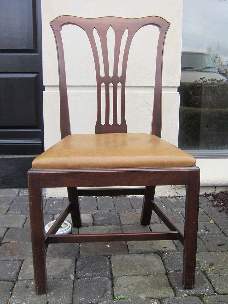 Set of four 19th century Chippendale style chairs from an English Atlanta estate
Leather seats
Great condition, comfortable.