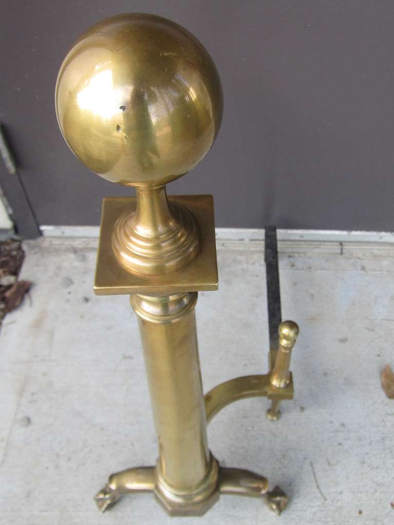 Pair of Early 20th Century Brass Andirons Ball Finial For Sale 1