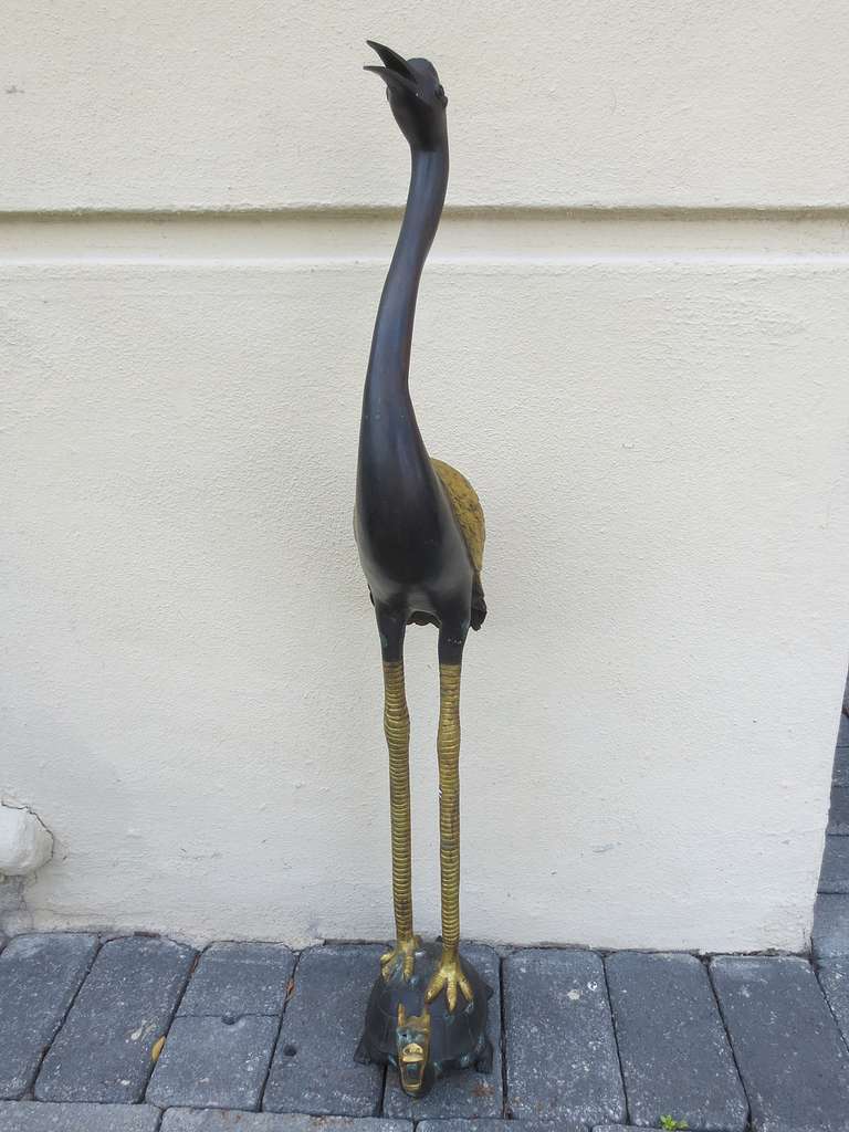 Pair Of 20thc Bronze Cranes On Turtles