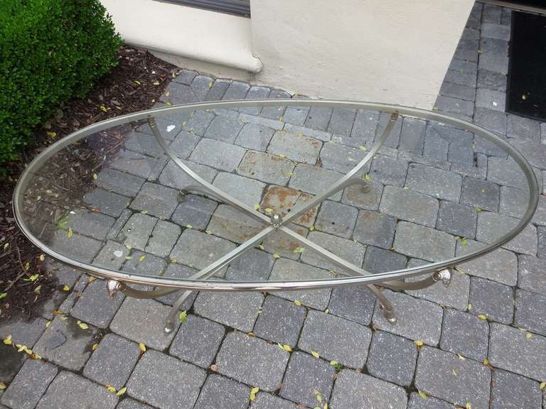 Mid-20th Century Italian Neoclassical Steel and Silver Plated Oval Coffee Table In Good Condition In Atlanta, GA