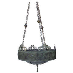 Antique Circa 1900 Silvered Bronze Lantern, Style of Caldwell, with Blue Mirror Insert