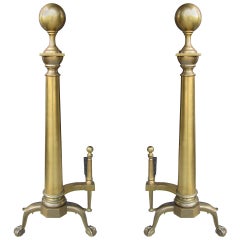 Pair of Early 20th Century Brass Andirons Ball Finial