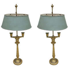 Pair of Period French Empire Candelabras as Bouillotte Lamps with Tole Shades