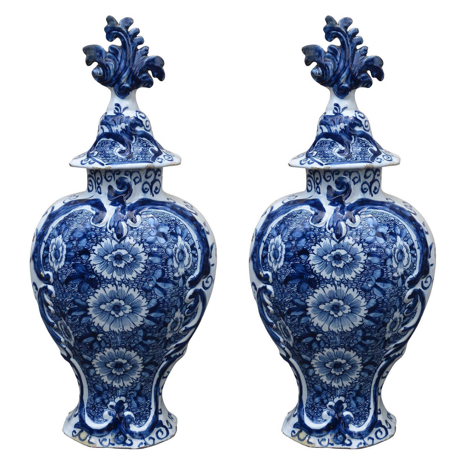 18th Century Pair Of Large Blue & White Delft Mantle Vases, Marked