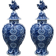 18th Century Pair Of Large Blue & White Delft Mantle Vases, Marked