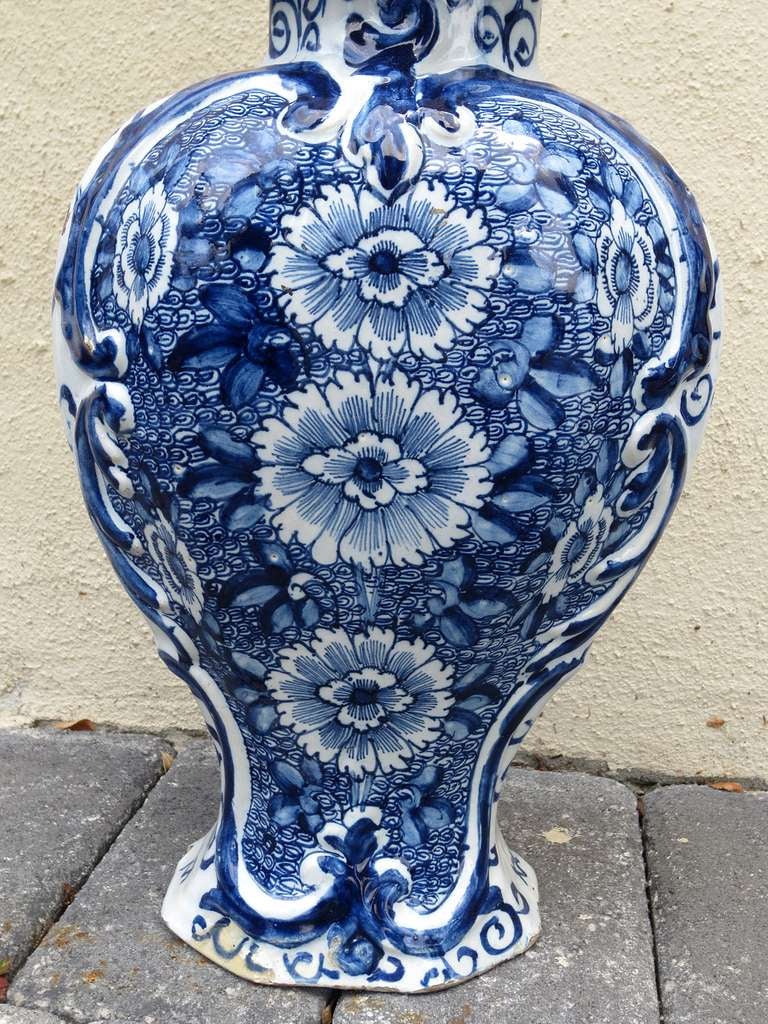 18th Century Pair Of Large Blue & White Delft Mantle Vases, Marked In Good Condition In Atlanta, GA
