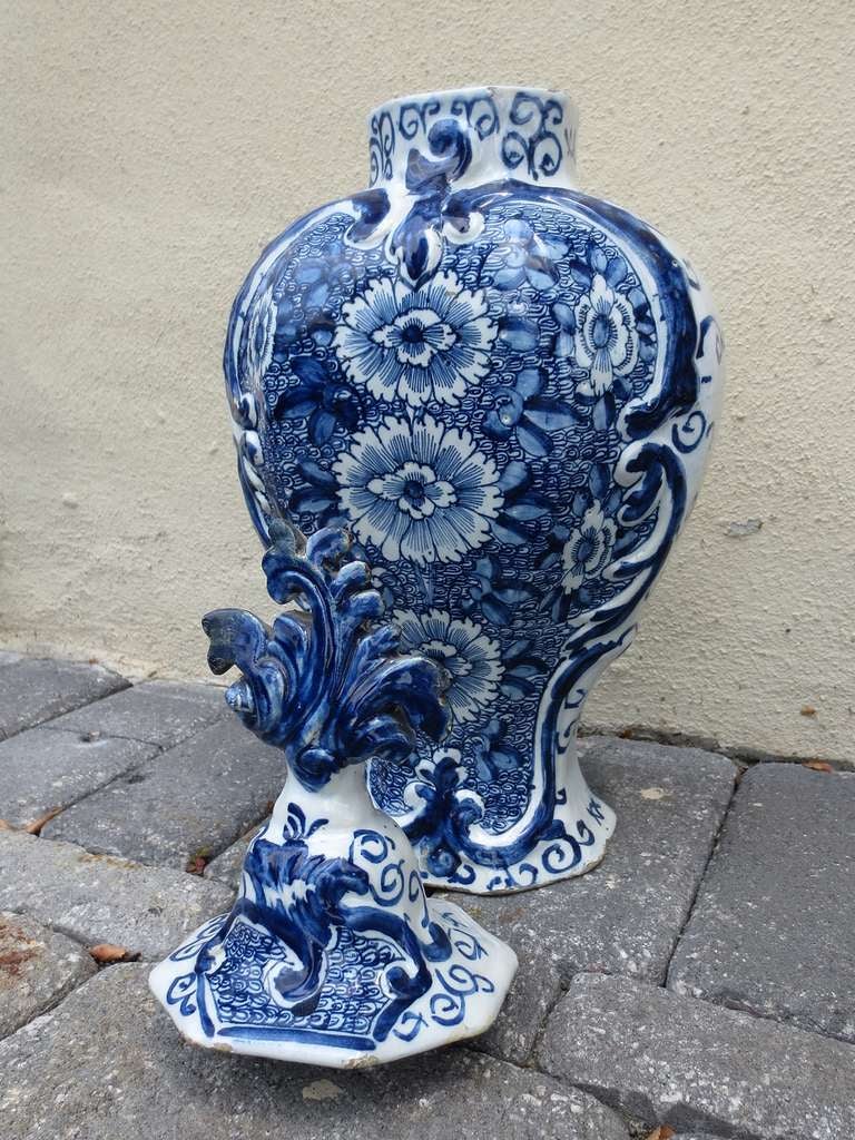 18th Century and Earlier 18th Century Pair Of Large Blue & White Delft Mantle Vases, Marked