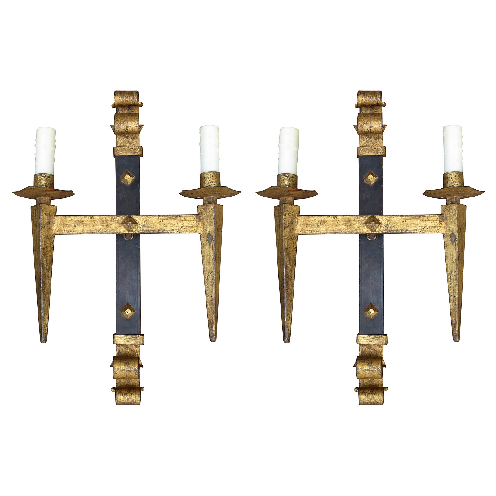 Pair of Mid-20th Century Continental Two-Arm Iron and Gilt Sconces For Sale