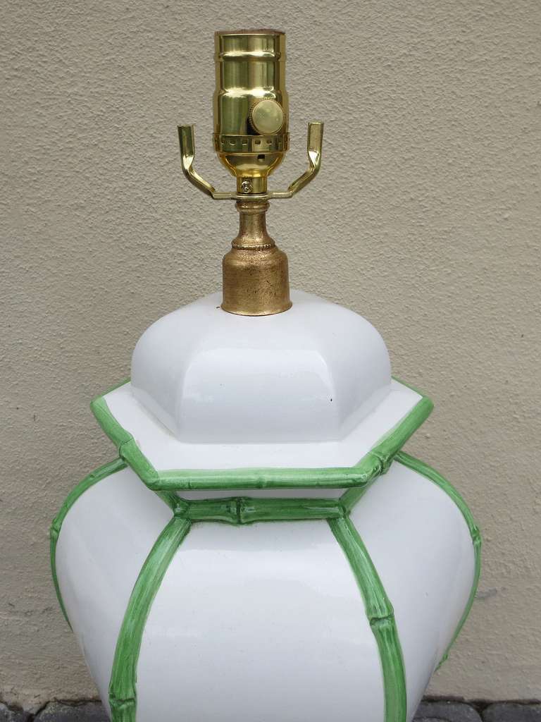 Pair of Mid-Century white porcelain lamps, green bamboo detail.