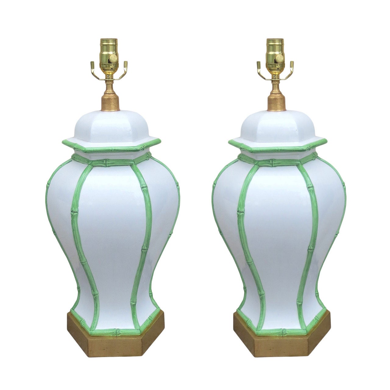Pair of Mid-Century White Porcelain Lamps, Green Bamboo Detail