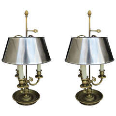 Pair of 19th Century Bouillotte Lamps with Steel Shades
