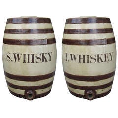 Antique Pair Of 19thc English Ceramic Whiskey Barrels