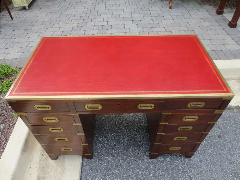 19th Century 19thC ENGLISH CAMPAIGN STYLE DESK WITH LEATHER TOP