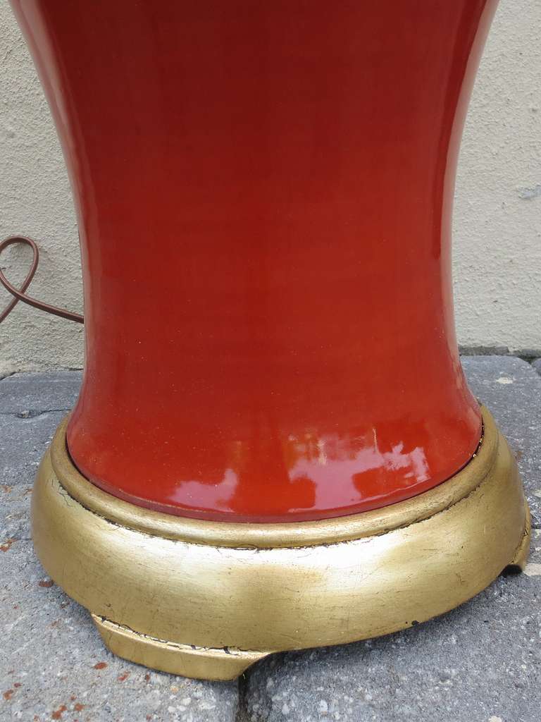 Mid-20th Century Orange Porcelain Vase as Lamp on Custom Giltwood Base For Sale 2