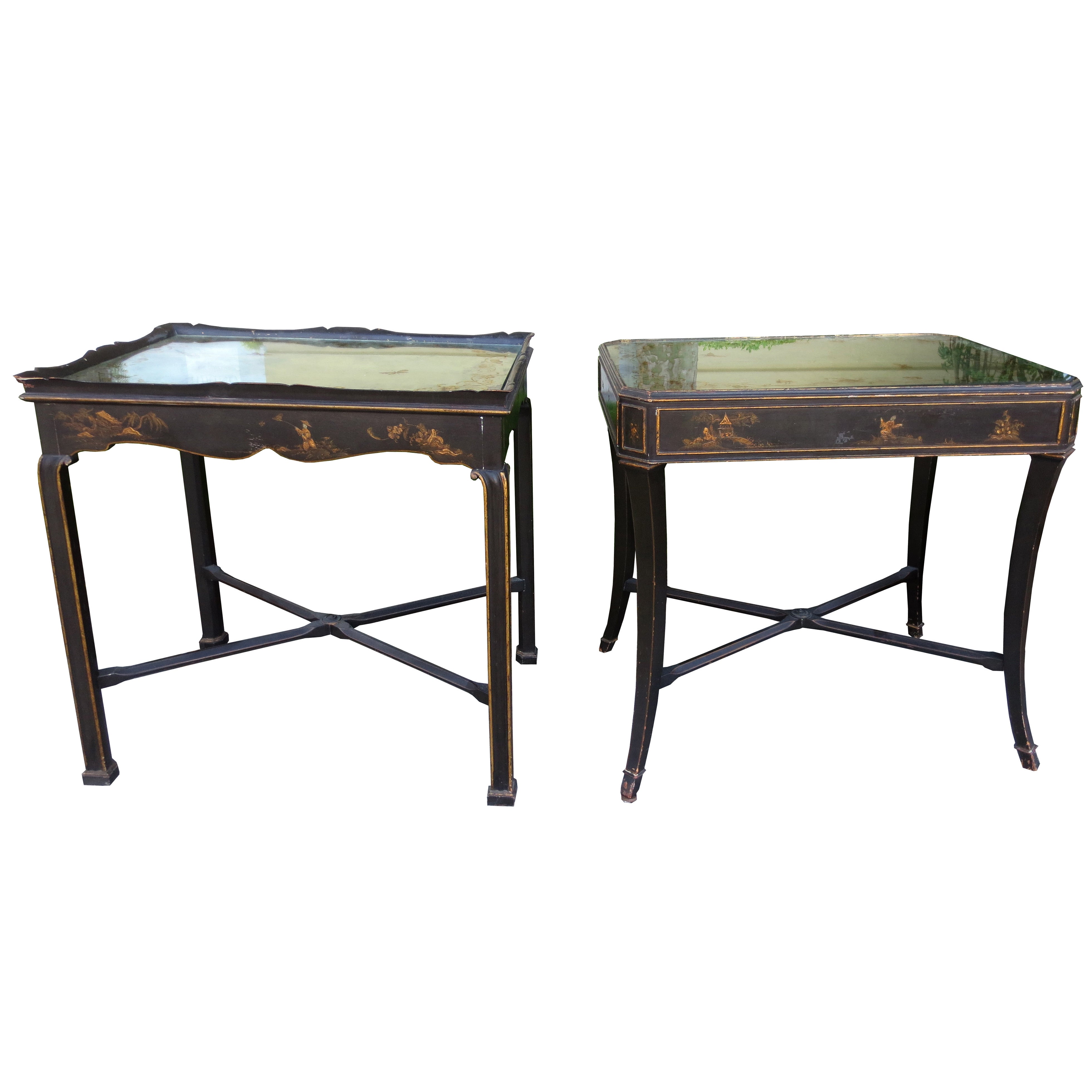 PAIR OF 20thC ENGLOMISE TOP CHINOISERIE SIDE TABLES