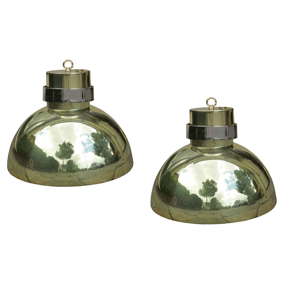 Pair of Midcentury Brass Pendants with Nickel Band
