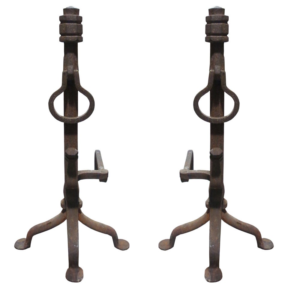 Pair of Late 19th - Early 20th Century Wrought Iron Andirons