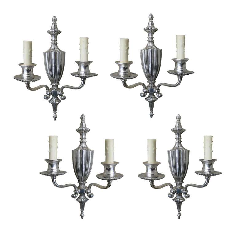 Set of Four Early 20th Century, Silvered, Two Arm Sconces, style of Caldewell.