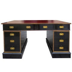 Late 19th Century English Campaign-Style Black Lacquer Brass-Mounted Desk
