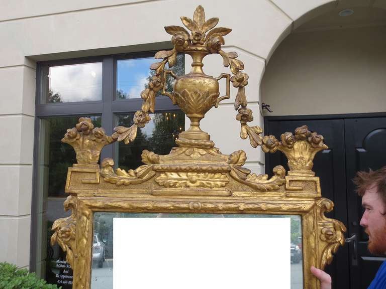 19th Century Italian Giltwood Mirror, Incredible Carved Urn with Floral Detail In Good Condition For Sale In Atlanta, GA