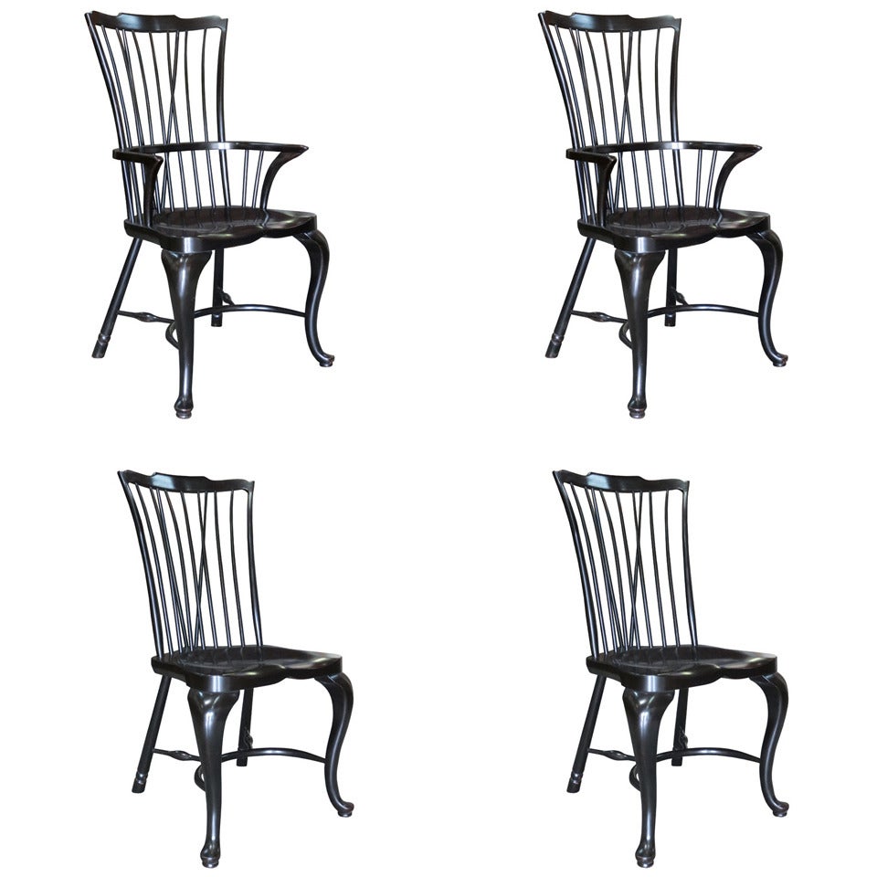 Set Of Four 20thc Lacquered Hitchcock Style Chairs (2 Arms, 2 Sides)