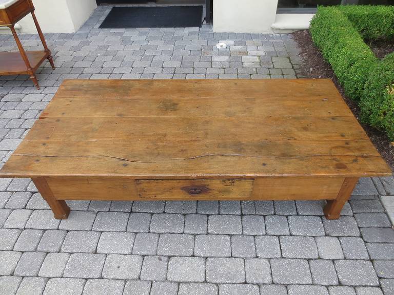19th century French jumbo, fruitwood coffee table with drawer, wonderful patina, handmade nails.