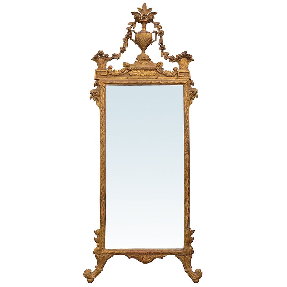 19th Century Italian Giltwood Mirror, Incredible Carved Urn with Floral Detail For Sale