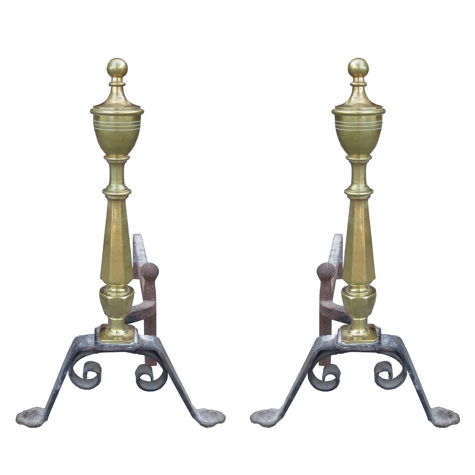 Late 19th Century or Early 20th Century Brass and Iron Andirons