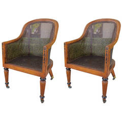 Pair of English Regency Style Cane Barrel-Back Bergeres, 19th-20th Century