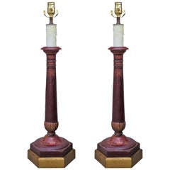 Pair of Early 19th Century Continental Tole Candlesticks as Lamps, Custom Bases